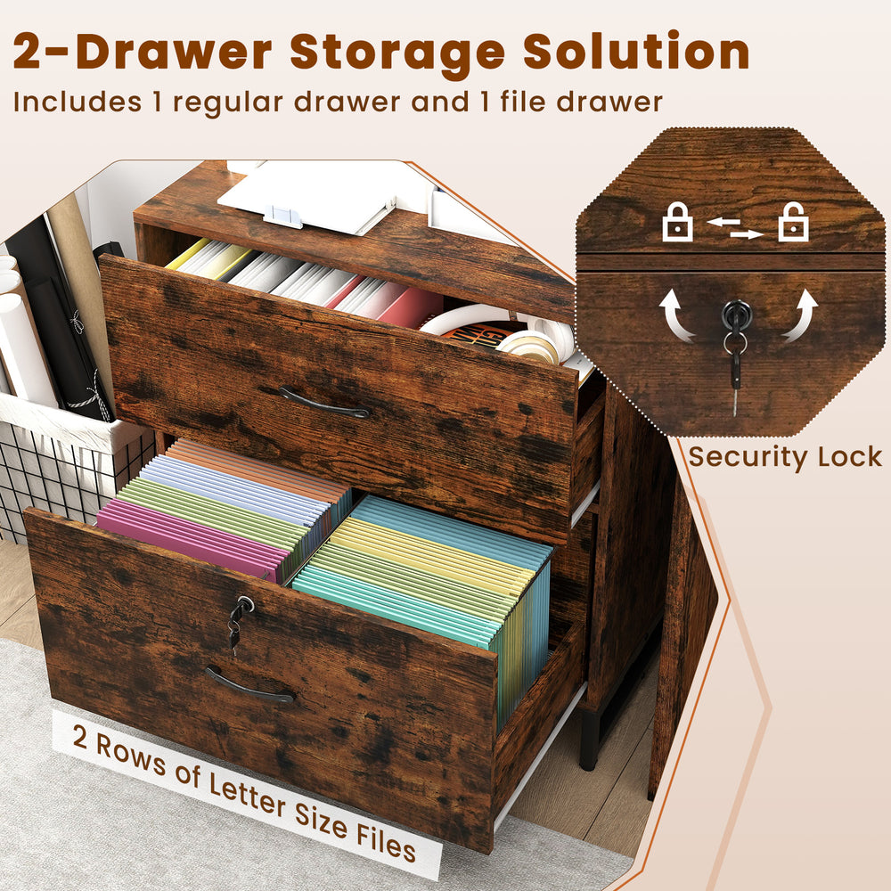 Lateral file cabinet with lock and rustic brown finish, featuring spacious drawers for letter-size files and a.