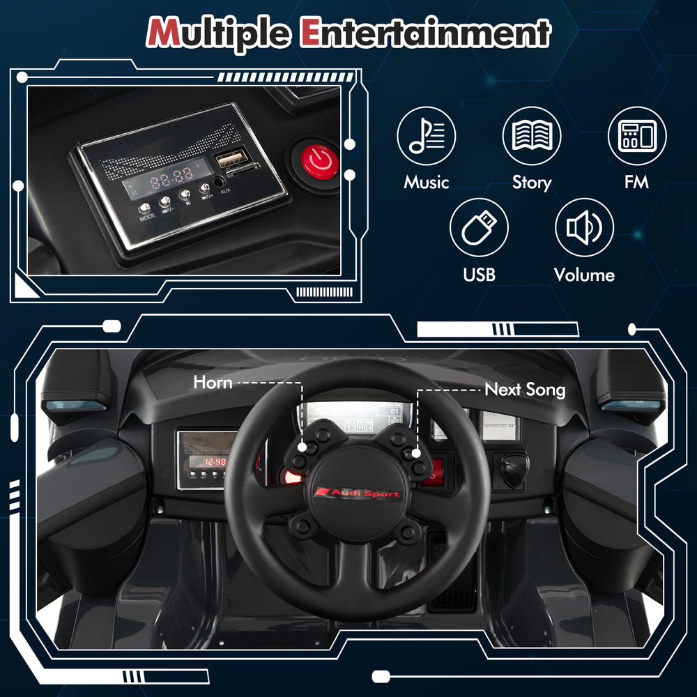 Steering wheel of the Licensed Audi Kids Ride On E-tron Racing Car with horn and music controls for entertainment.
