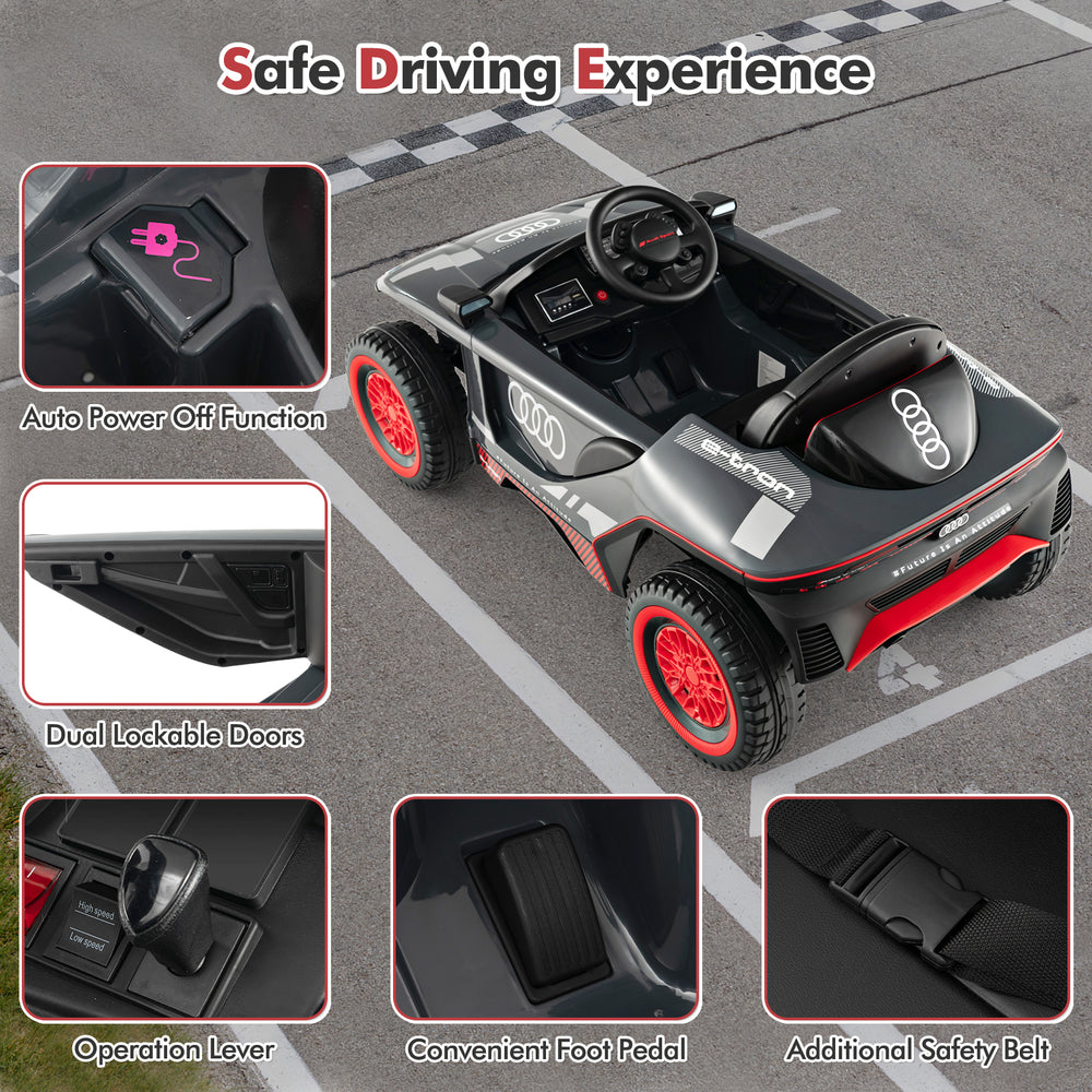 Licensed Audi Kids Ride On E-tron Racing Car in gray with dual lockable doors and safety belt for secure driving.