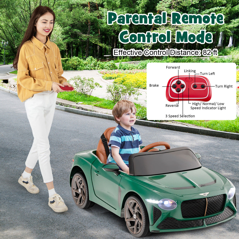 Kids ride-on Bentley Bacalar car in green with parental remote control, spacious seat, and safety features for outdoor.