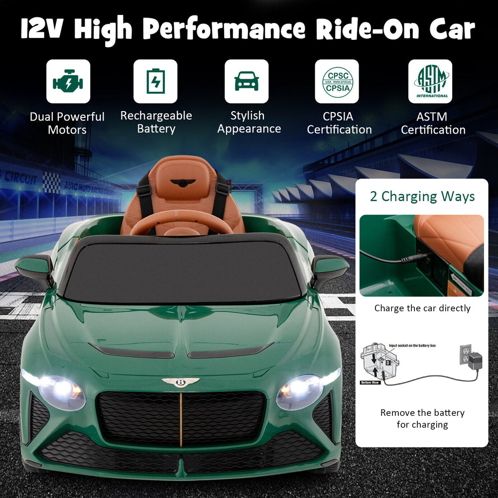 Bentley Bacalar kids ride-on car in green, featuring dual 12V motors, parent remote control, and safety seatbelt for.