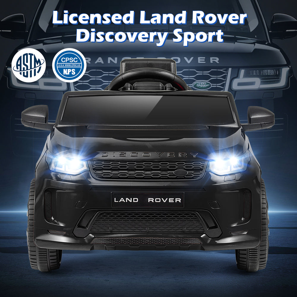 Licensed Land Rover kids ride-on car in black with headlights, featuring parent remote control and ergonomic seat for.