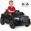 Licensed Land Rover kids ride-on car in black with remote control, LED lights, and ergonomic seat for outdoor fun.