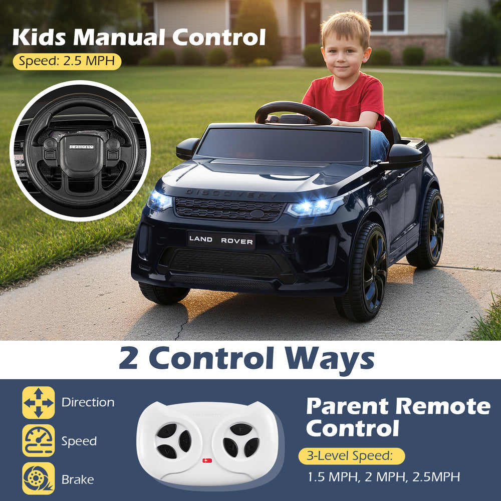 Licensed Land Rover kids ride-on car in black with manual and remote control, ideal for outdoor adventures.