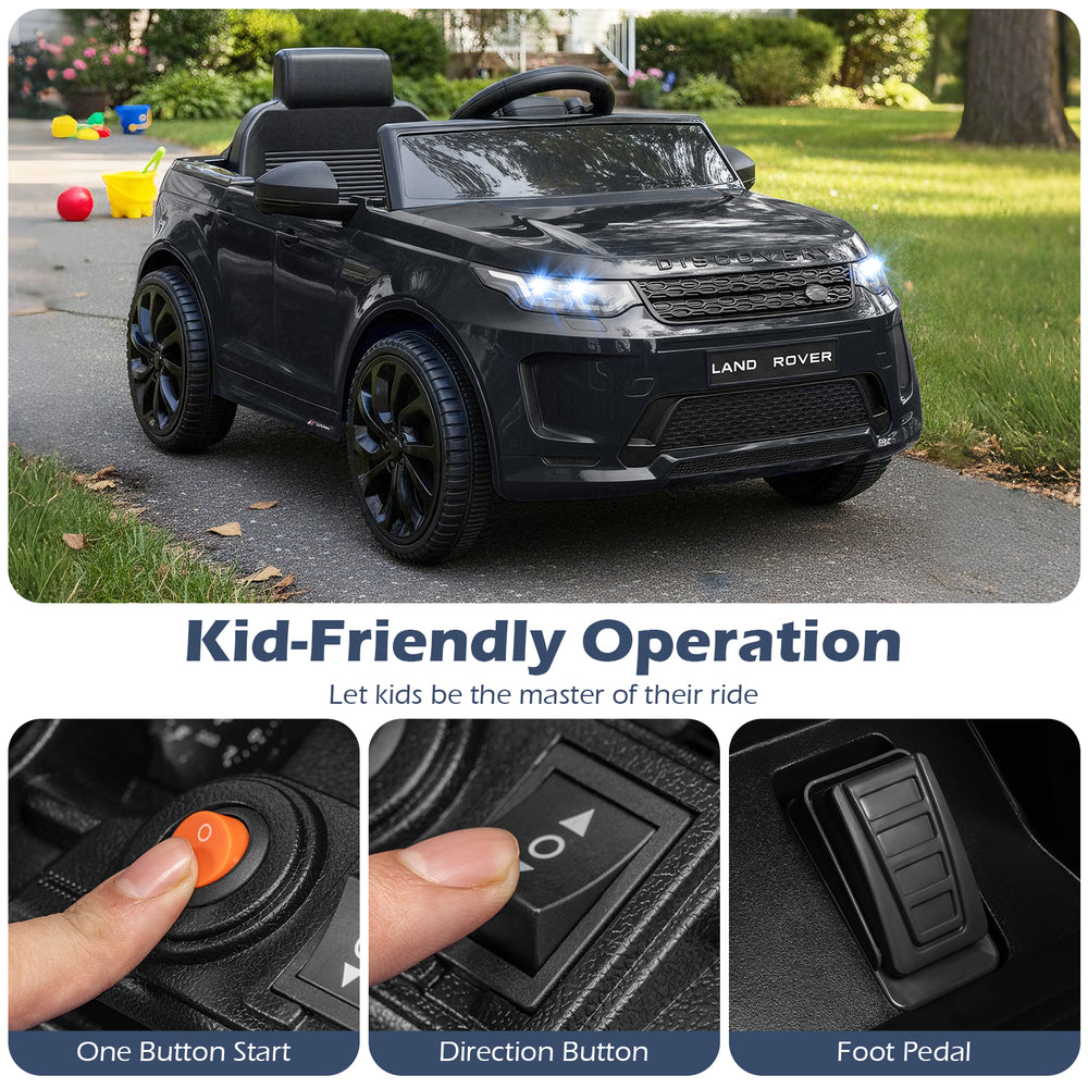 Licensed Land Rover kids ride-on car in black, featuring manual and remote control, for outdoor adventures.