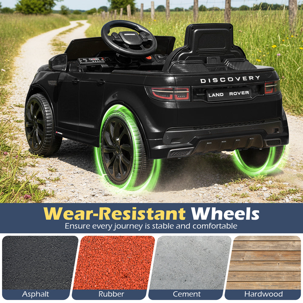 Licensed Land Rover kids ride-on car in black with wear-resistant wheels, ideal for outdoor adventures on various.