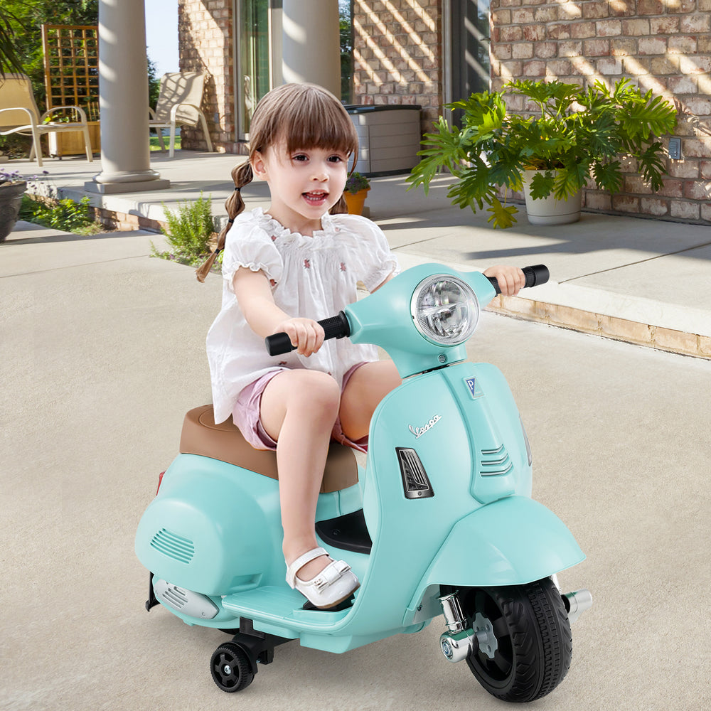 Kids ride-on motorcycle in green, featuring LED headlight, horn sound, and training wheels for safe outdoor fun.