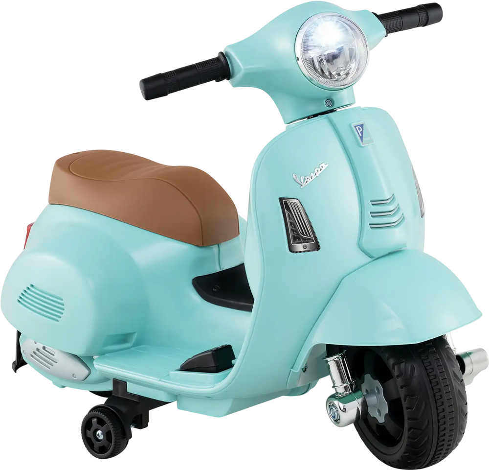 Kids ride-on motorcycle in green, featuring a comfortable seat, LED headlight, and training wheels for safe play.
