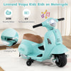 Kids ride on motorcycle licensed Vespa in green with LED headlight, horn sound, and training wheels for safety.