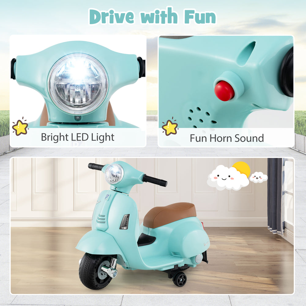 Kids ride-on motorcycle in green with LED headlight and horn, featuring training wheels for safe outdoor fun.