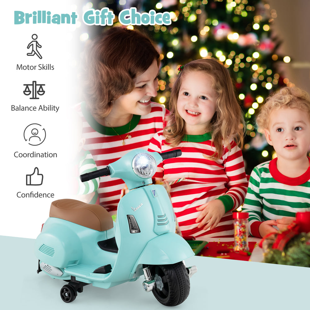 Kids ride-on motorcycle in green with LED headlight, horn, and training wheels for safe, fun playtime.