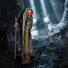 Life-size animatronic witch with red eyes and posable arms, perfect for haunted houses and Halloween decorations.