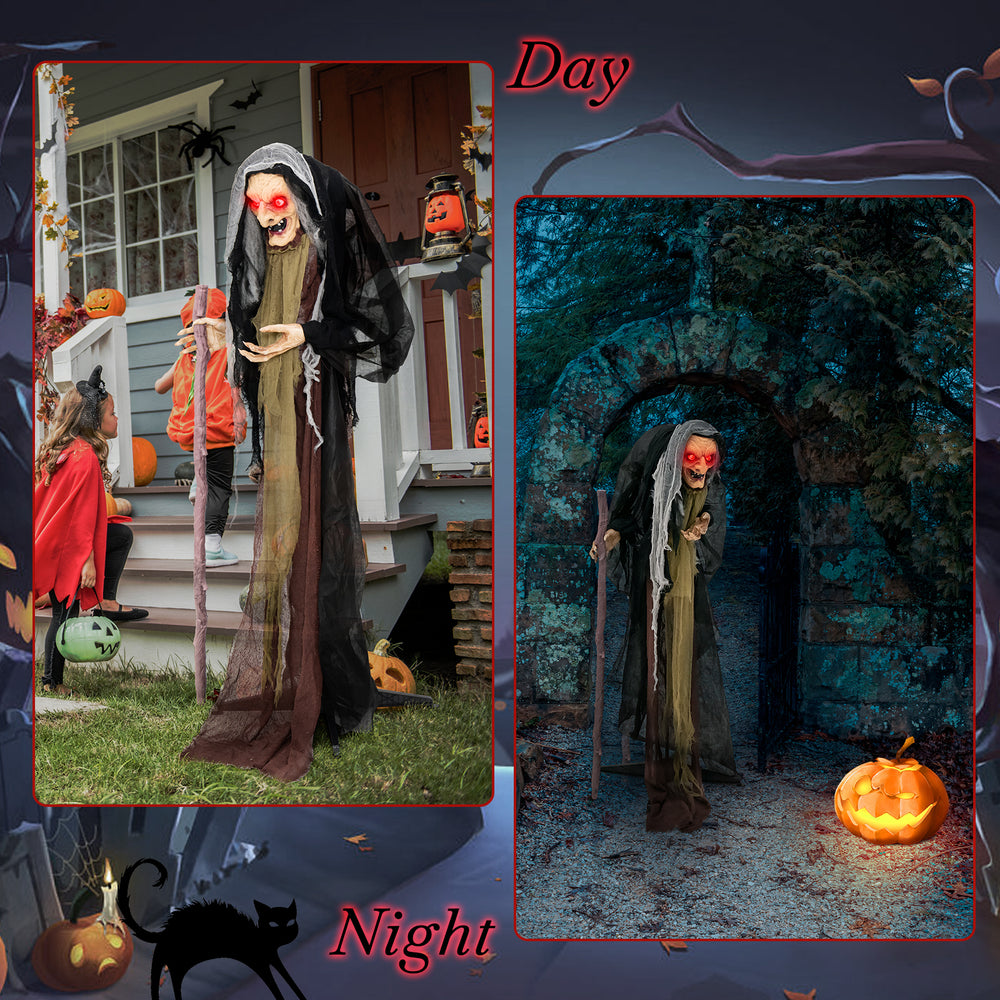 Life-size animatronic witch with red eyes and posable arms, perfect for Halloween decor in indoor or outdoor settings.