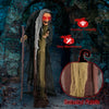 Life-size animatronic witch with red eyes, posable arms, and selected fabric for easy maintenance, perfect for.