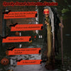 Life-size animatronic witch with red eyes, posable arms, and spooky phrases for Halloween decorations and haunted.