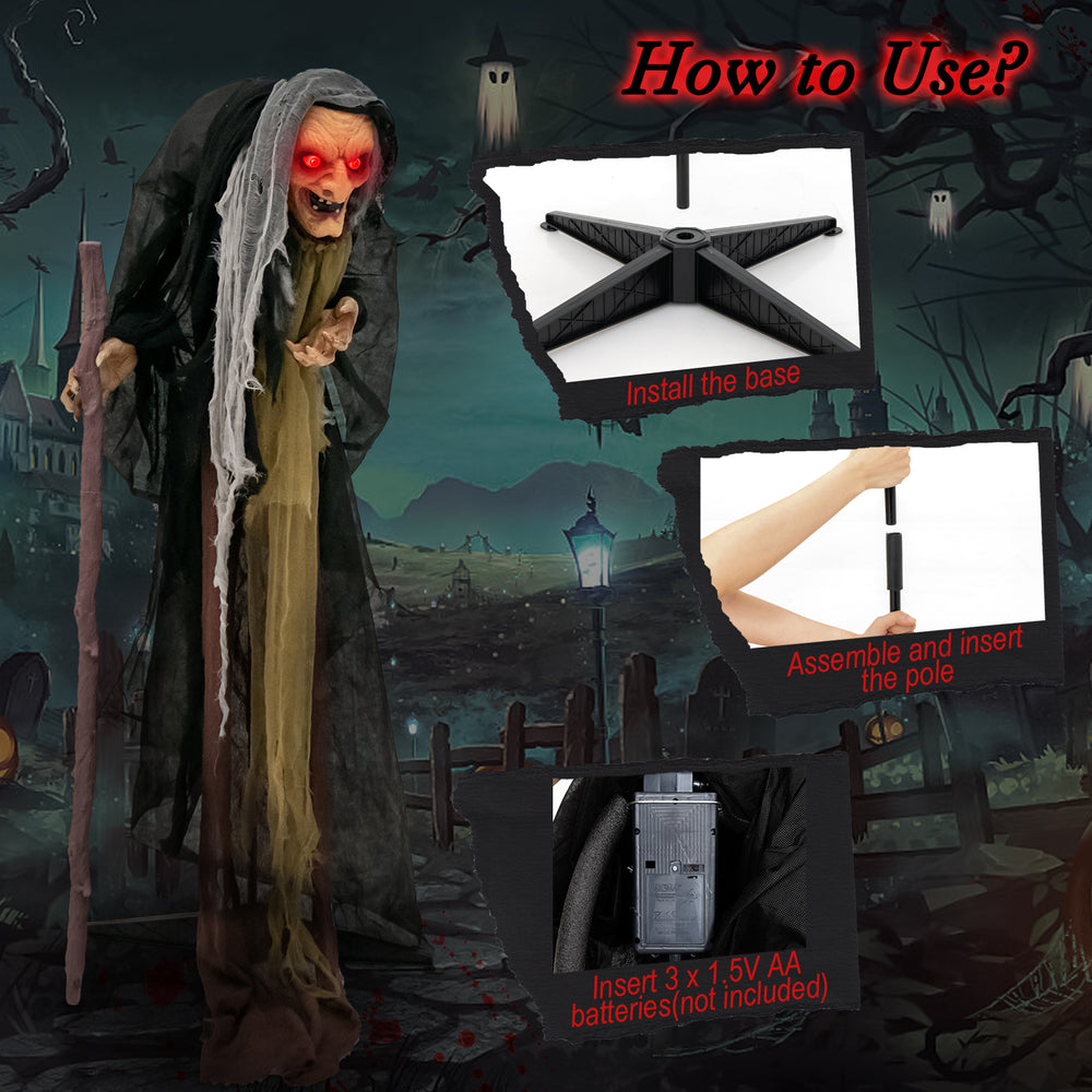 Life-size animatronic witch with red eyes, posable arms, and installation guide for Halloween decorations.