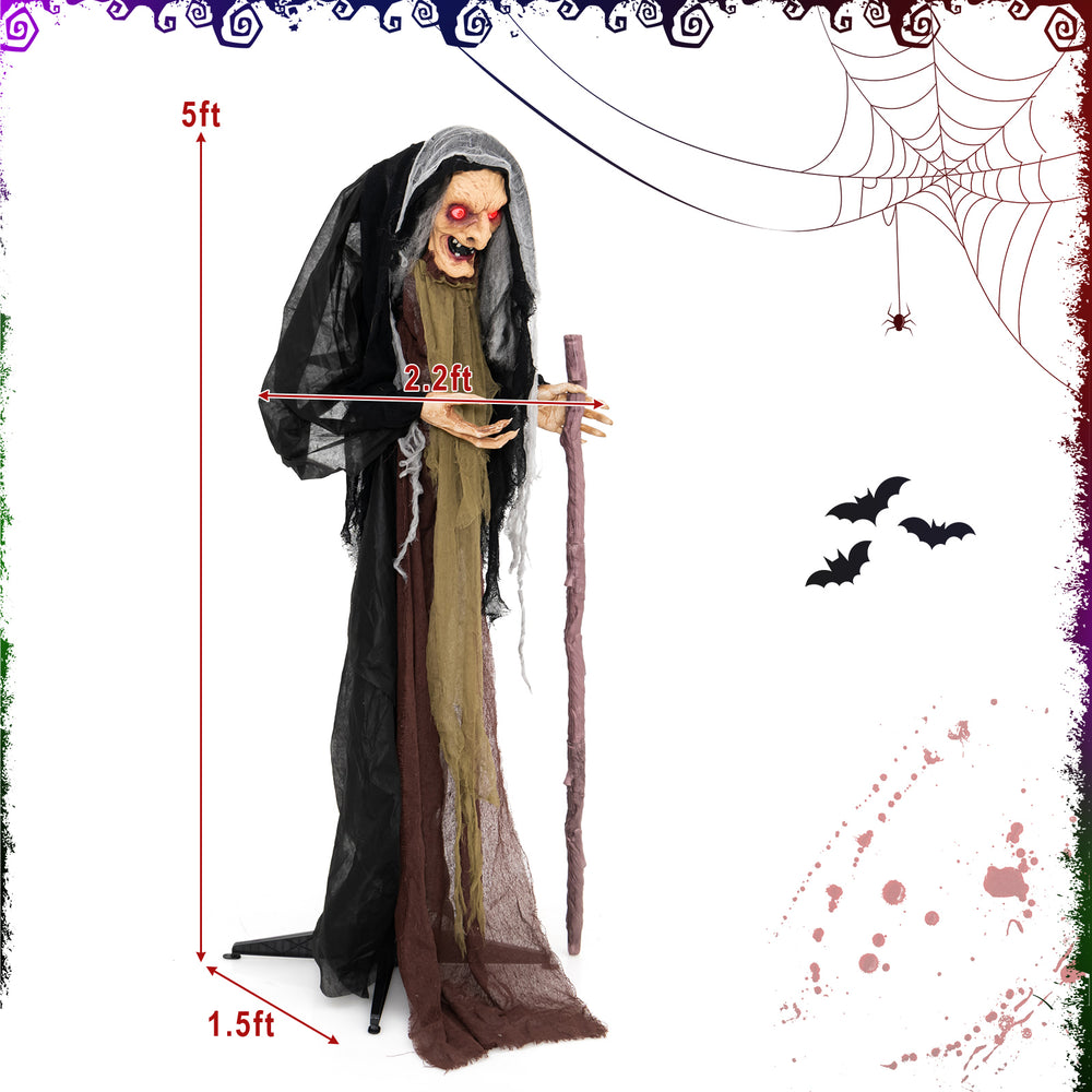 Life-size animatronic witch with red eyes, posable arms, and scary phrases, perfect for Halloween decorations.