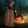 Life-size Halloween animatronic old lady hag prop with glowing red eyes, moving arms, and a decorative lantern for.