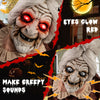 Life-size Halloween animatronic old lady hag prop with glowing red eyes, moving limbs, and creepy sounds for spooky.