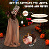 Life-size Halloween animatronic old lady hag prop with glowing red eyes, moving arms, and sound activation for spooky.