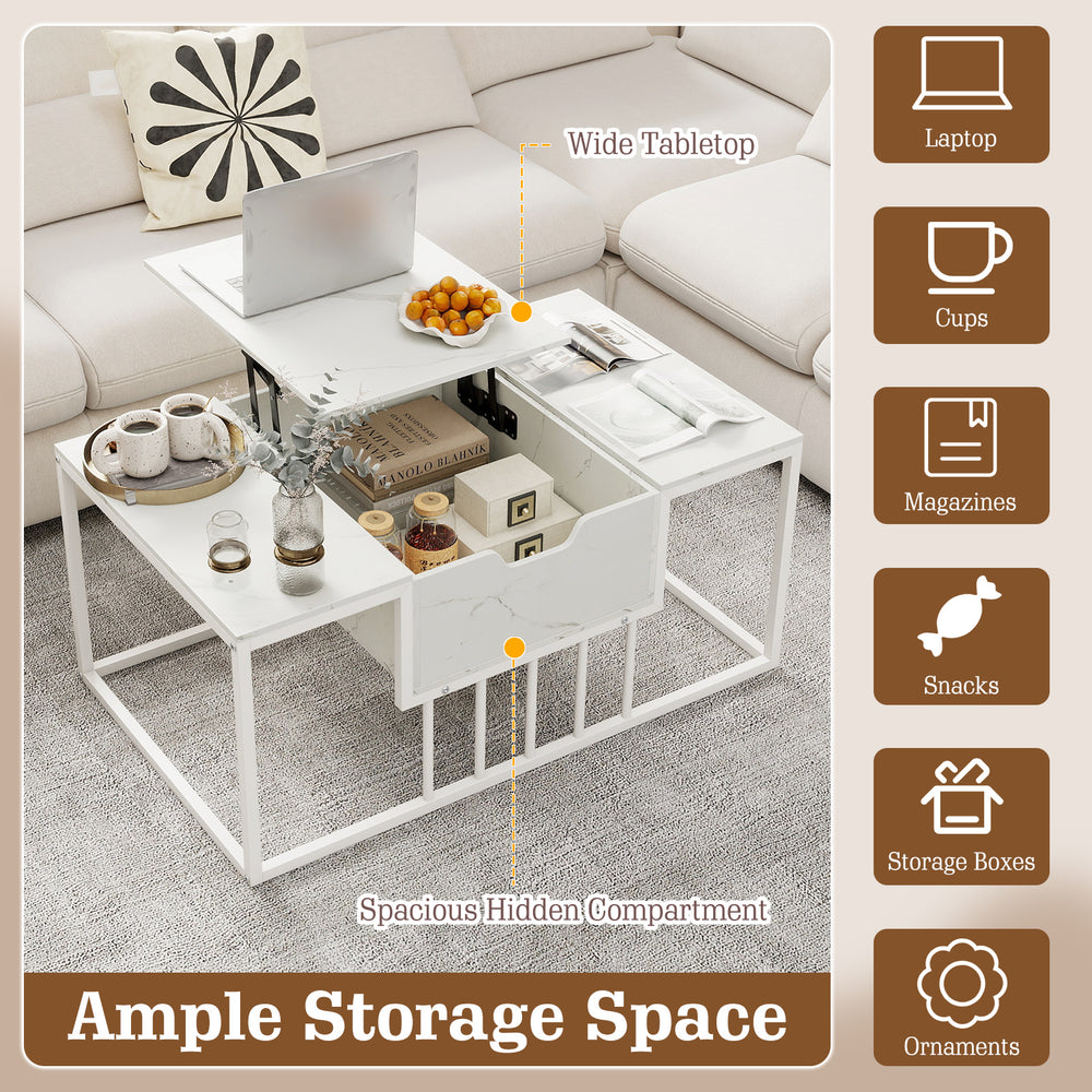 Lift top coffee table in white with spacious hidden storage compartment and wide tabletop for versatile use.