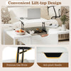 Lift top coffee table in white with hidden storage, featuring gas struts and anti-pinch handle for versatile use.