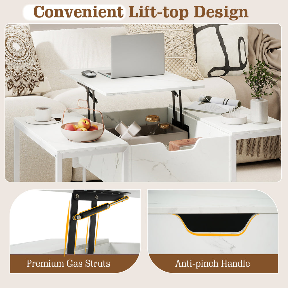 Lift top coffee table in white with hidden storage, featuring gas struts and anti-pinch handle for versatile use.
