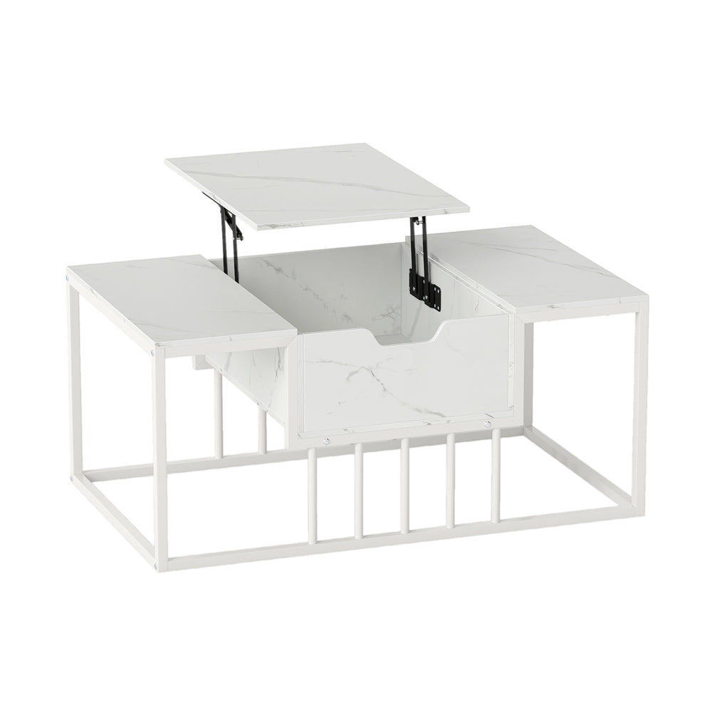 Lift top coffee table in white with hidden storage compartment, adjustable height, and modern design for versatile use.