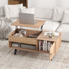Lift top coffee table in natural finish with storage compartments, perfect for snacks, laptops, and modern home decor.