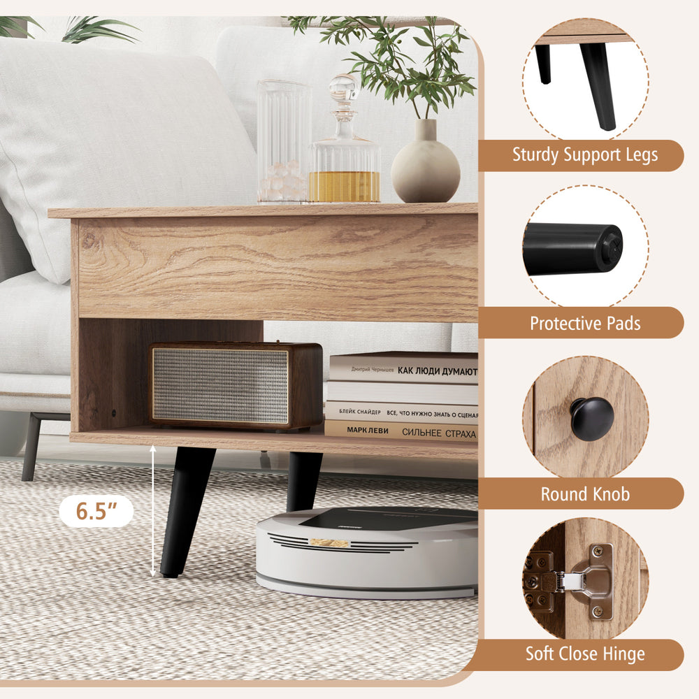Lift top coffee table in natural finish with spacious hidden compartment and sturdy support legs for versatile use.