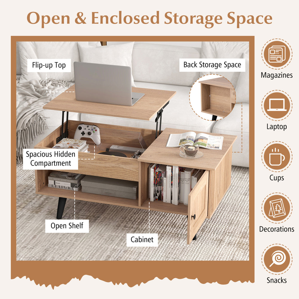 Lift top coffee table in natural finish with spacious hidden compartment and open storage for magazines and snacks.