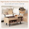 Lift top coffee table in natural finish with gas struts, spacious hidden compartment, and storage for versatile use.