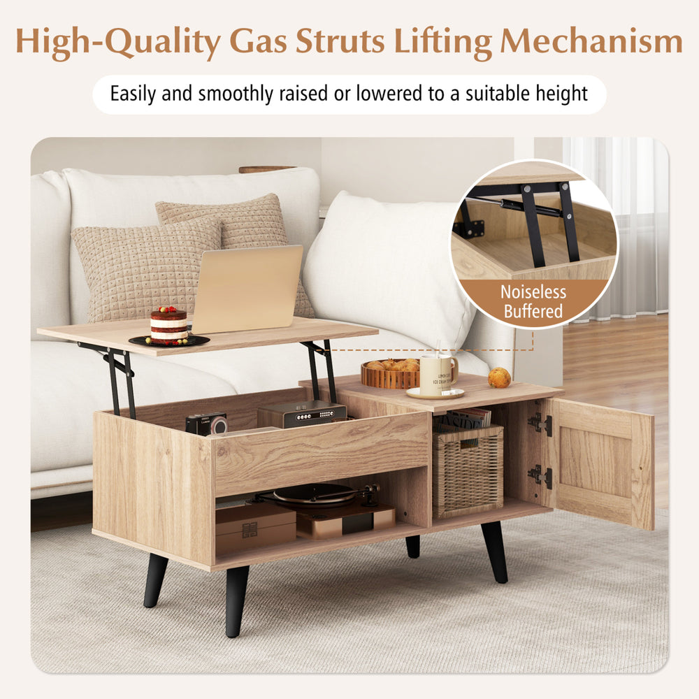 Lift top coffee table in natural finish with gas struts, spacious hidden compartment, and storage for versatile use.