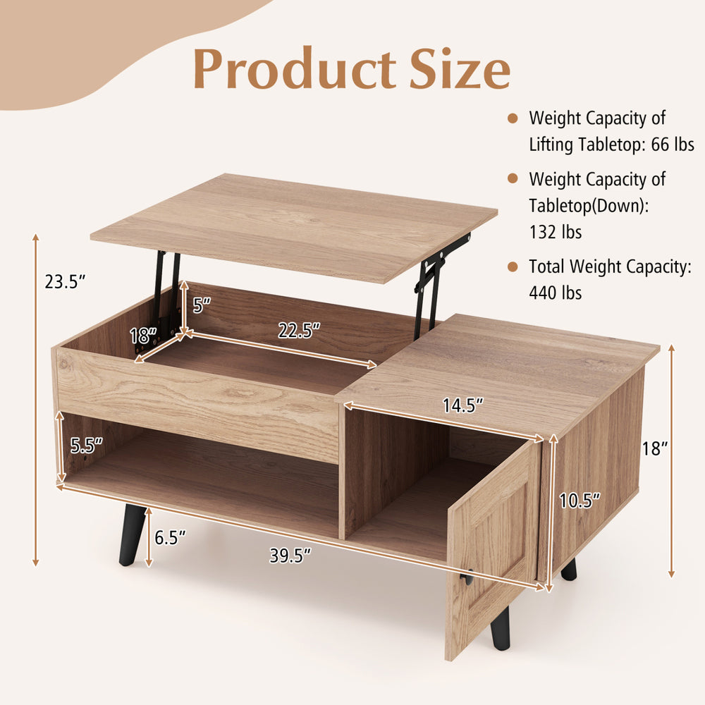 Lift top coffee table with storage, natural finish, showcasing dimensions and weight capacities for versatile use.