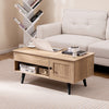 Lift top coffee table in natural finish with storage, spacious hidden compartment, and sturdy legs for versatile use.