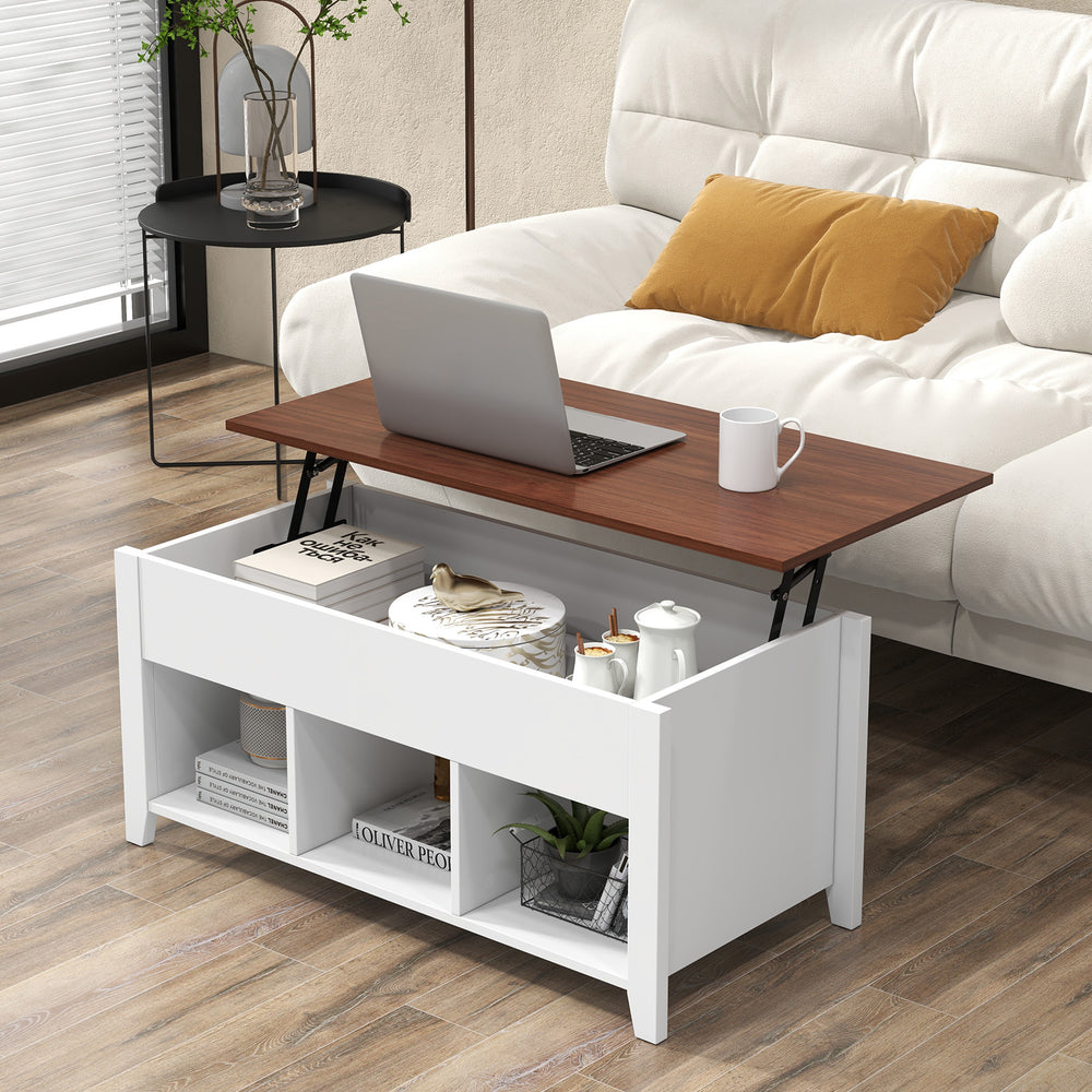 Coffee table with hidden storage compartment in white, featuring a lift top for versatile use as a working table.