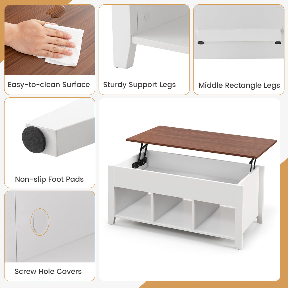 Coffee table with hidden storage compartment in white, featuring a lift top and three open cubes for versatile use.