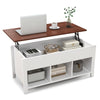 Lift-top coffee table in white with hidden storage, featuring open cubes and a modern design for versatile use.