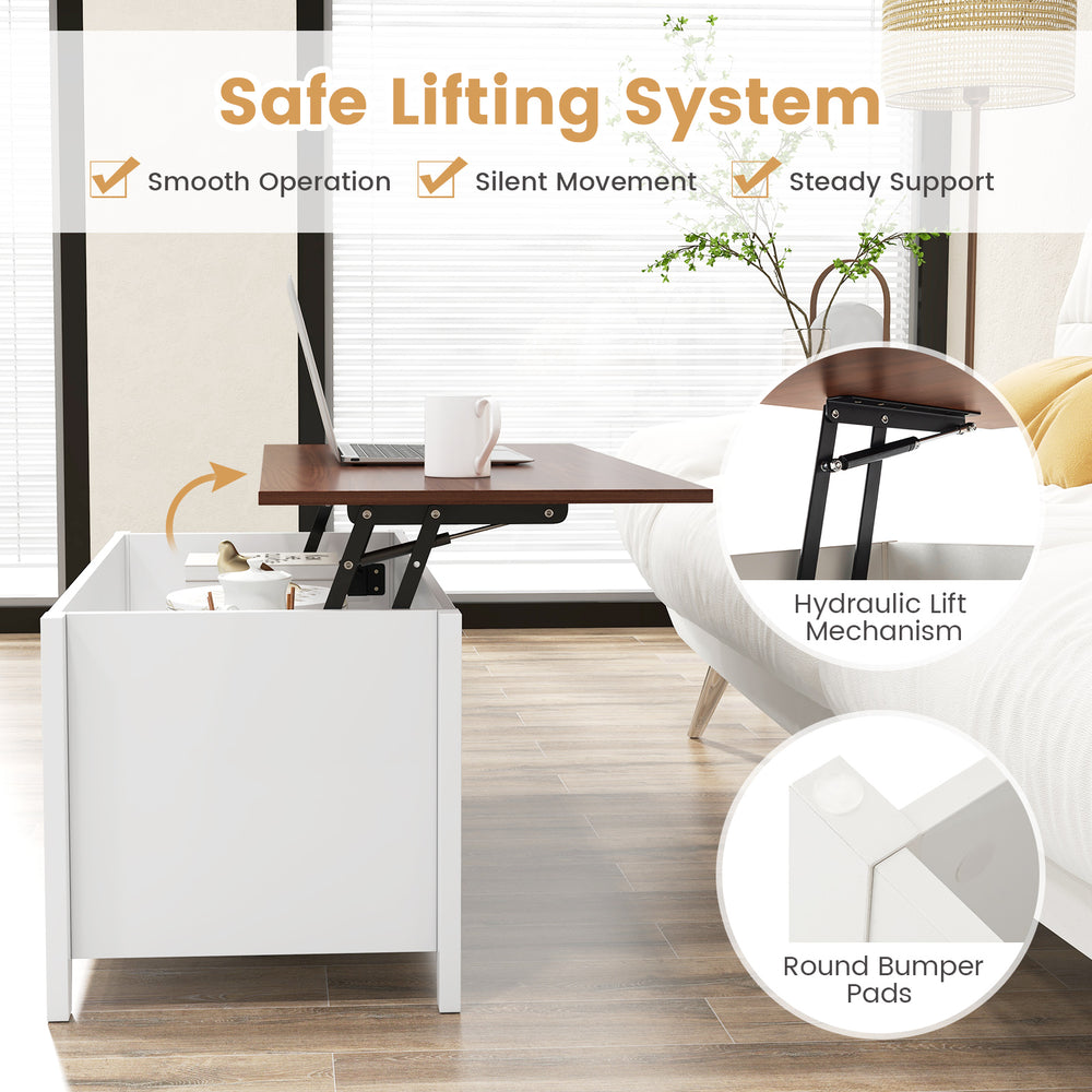 Coffee table with hidden storage, featuring a hydraulic lift top and round bumper pads for smooth, silent operation.