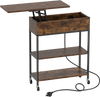 Lift top end table in rustic brown features a lift-top design with hidden storage and built-in charging station for convenience.
