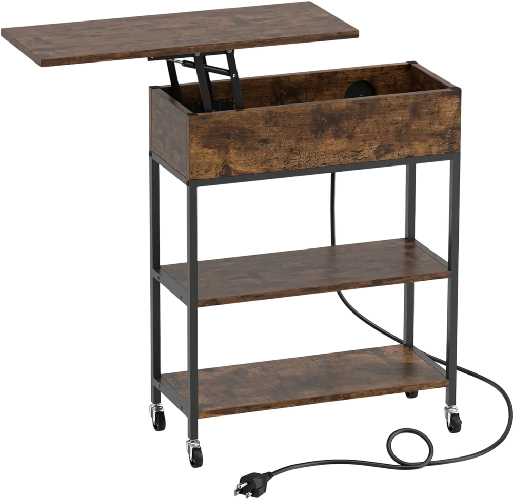 Lift top end table in rustic brown features a lift-top design with hidden storage and built-in charging station for convenience.