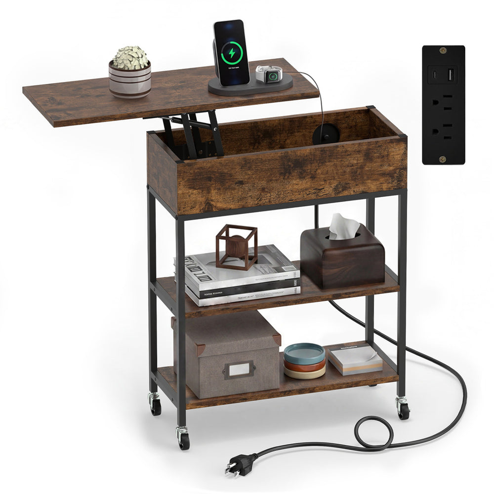Lift top end table in rustic brown with charging station, hidden storage, and universal wheels for easy mobility.