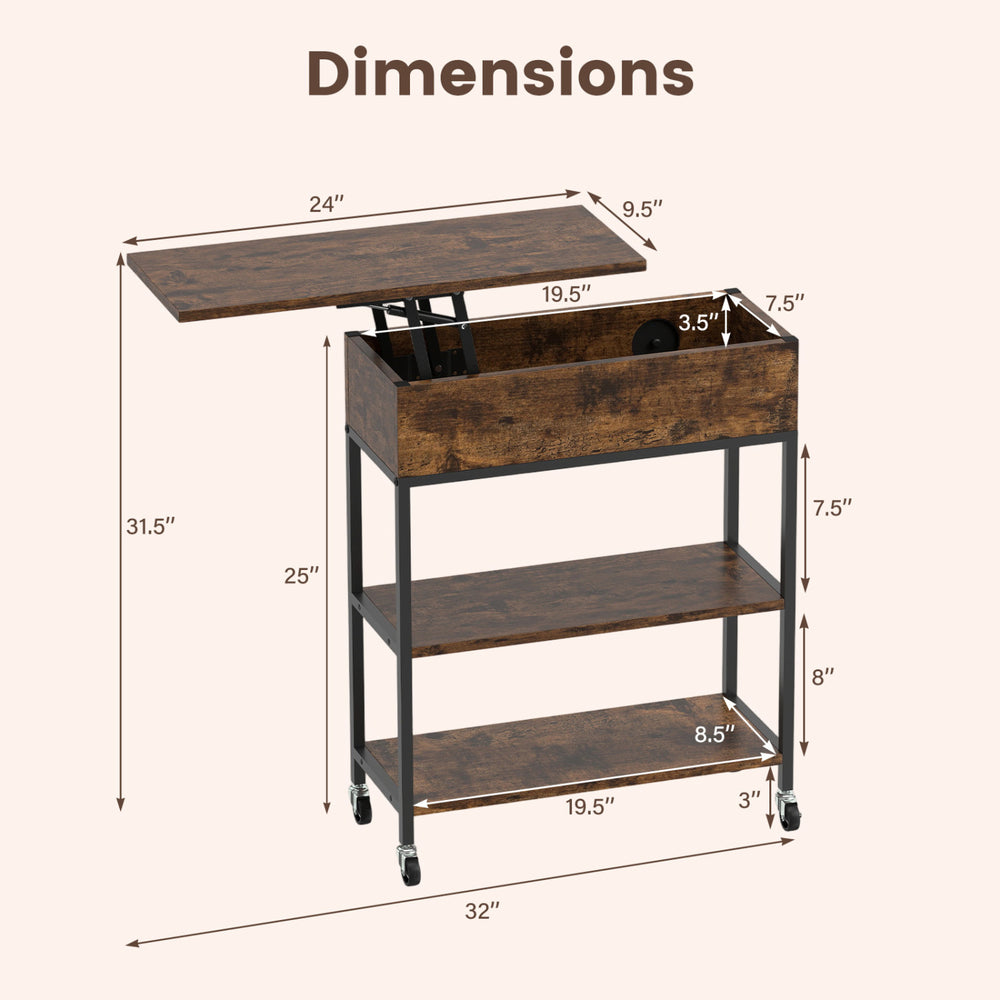 Lift top end table in rustic brown with hidden storage, built-in charging station, and universal wheels for easy mobility.