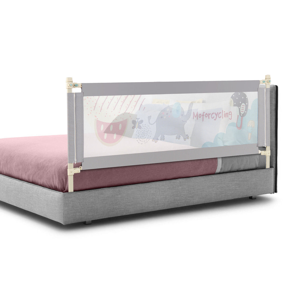 Vertical lifting baby bed rail with cute pattern, adjustable heights, and safety lock for secure use on various bed.