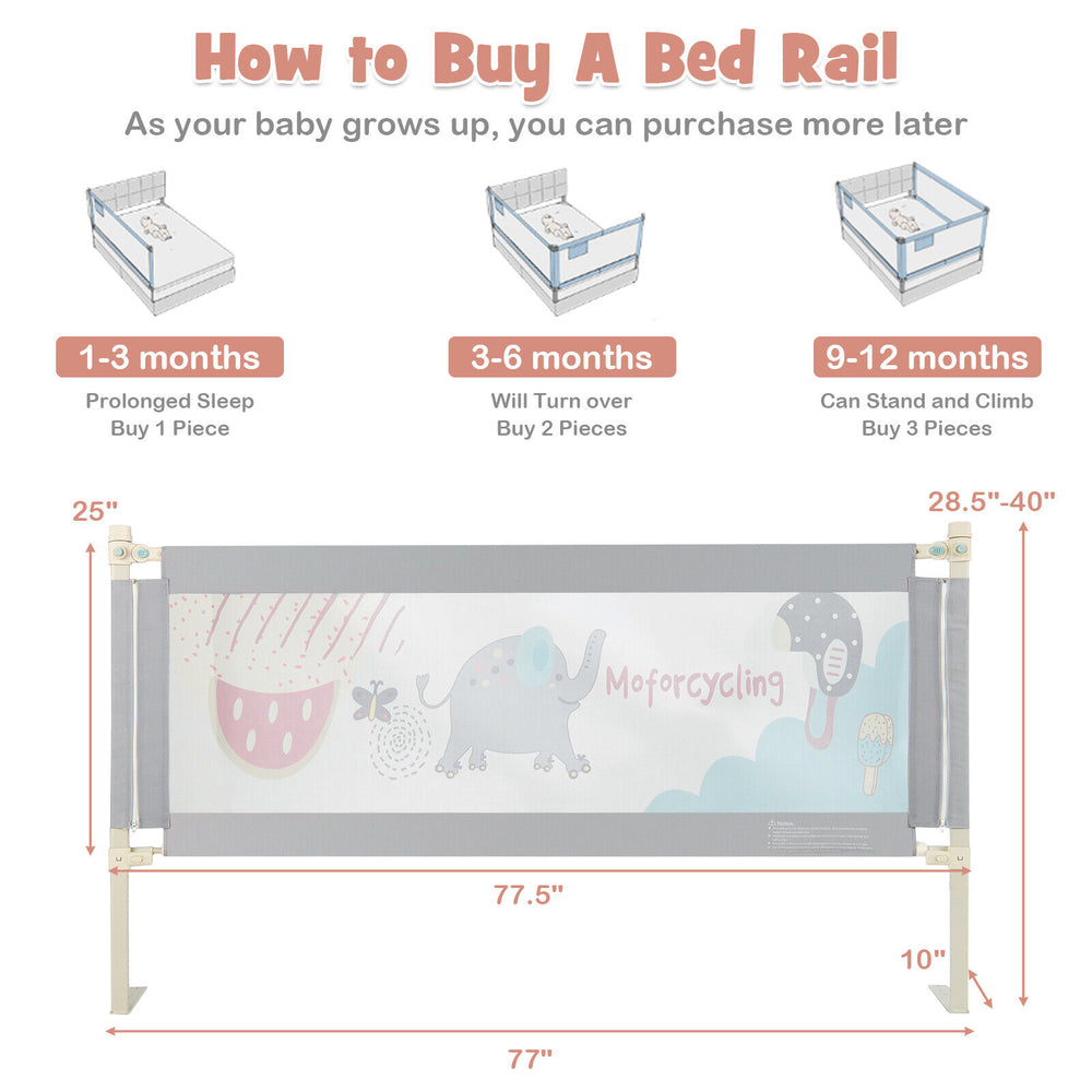 Vertical lifting baby bed rail with cute pattern, adjustable height, and double safety lock for secure sleep.