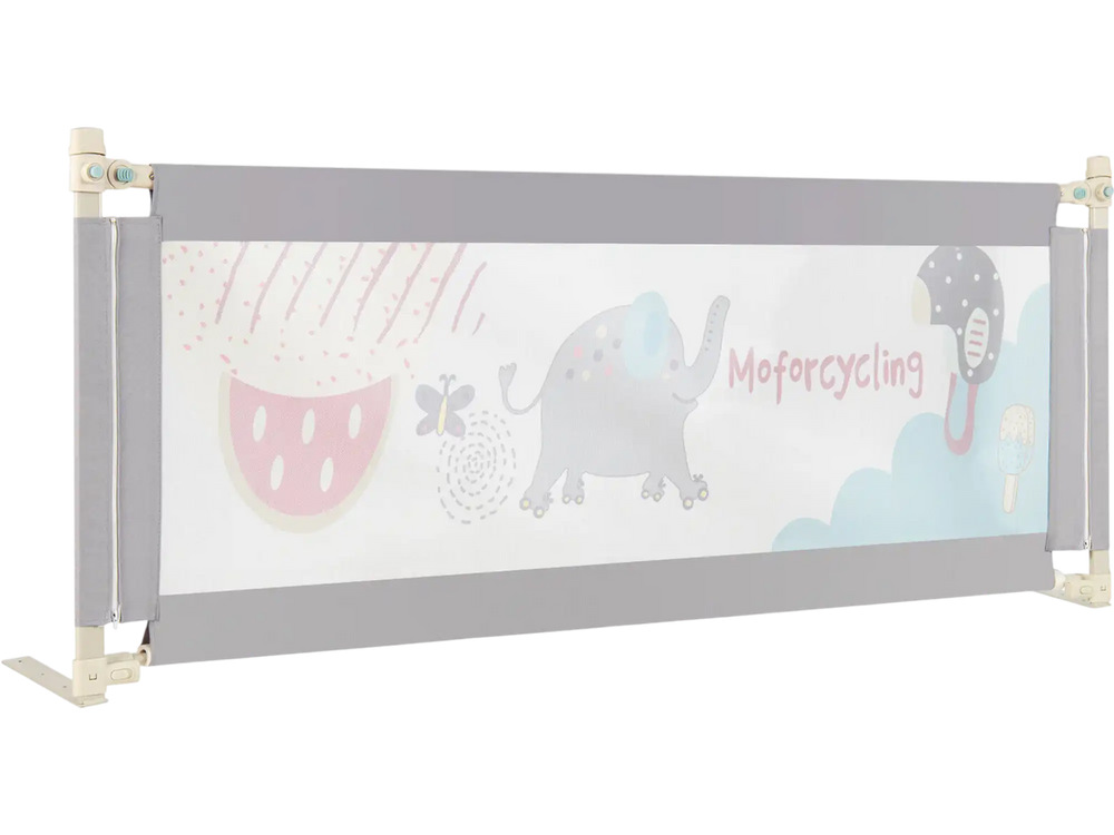 Vertical lifting baby bed rail with cute elephant pattern, adjustable heights, and double safety lock for secure use.