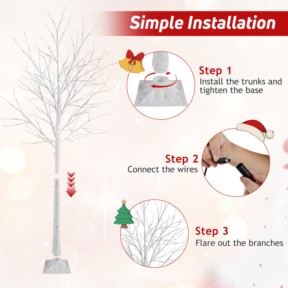 Lighted birch tree set of 3 with warm white LED lights, featuring easy installation steps for holiday decorating.