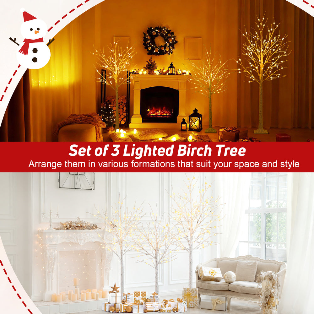 Set of 3 lighted birch trees in 4, 5, and 6 ft heights with warm white LED lights for festive indoor and outdoor decor.