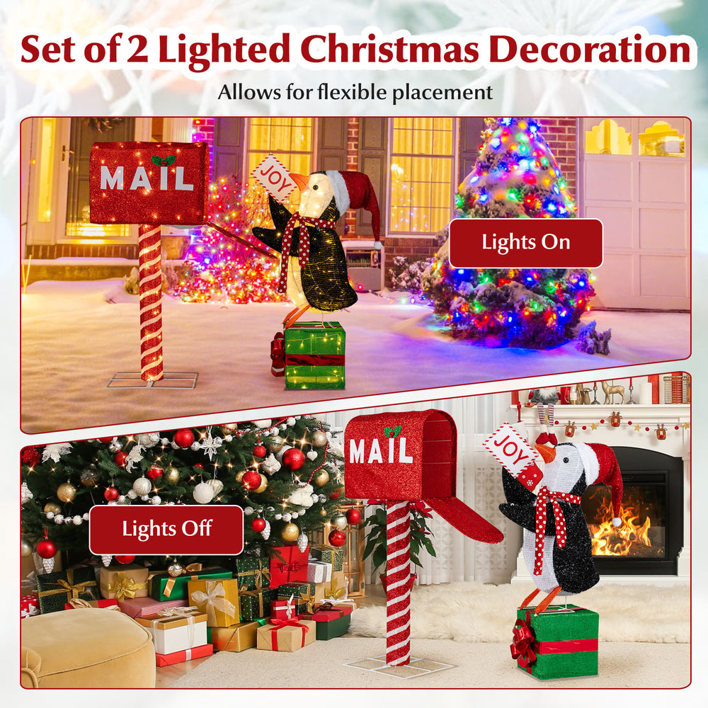Lighted Christmas decoration set featuring a mailbox and penguin, with 160 warm-white LED lights for festive indoor or.