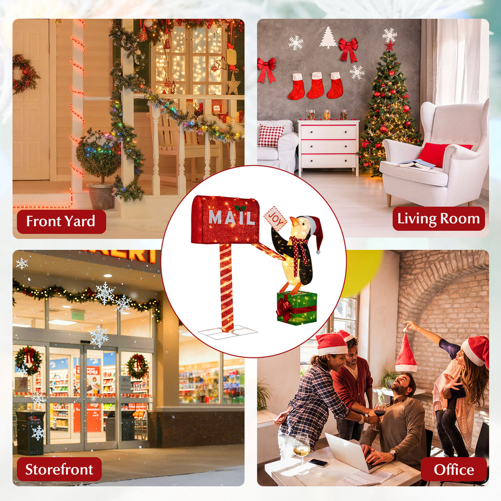 Lighted Christmas decoration featuring a mailbox and penguin with 160 warm-white LED lights for festive indoor or.